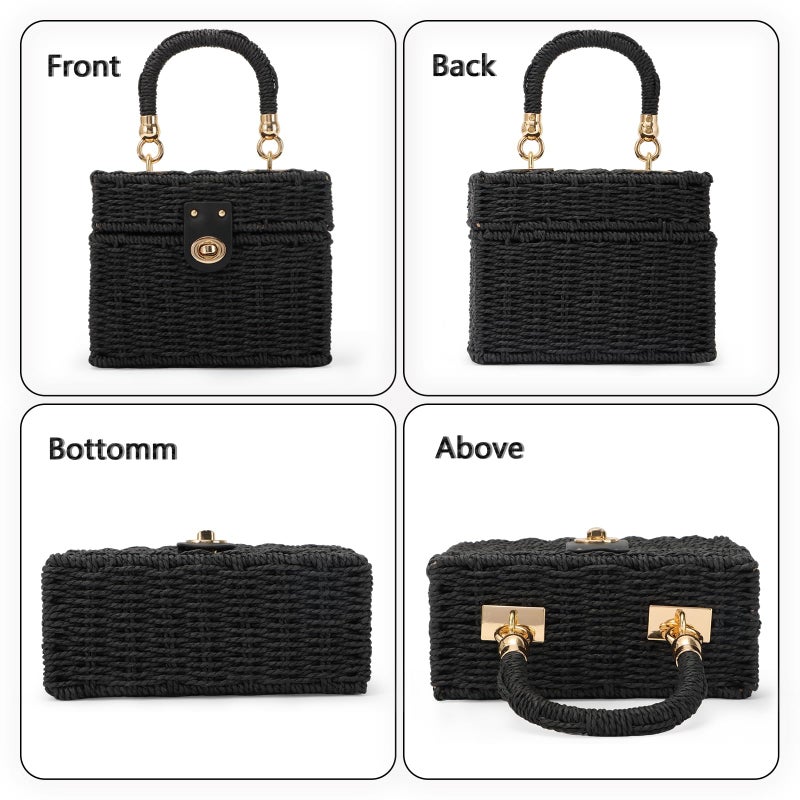 Fecialy Women Handwoven Rattan Handbag Beach Straw Tote Bag Square Boho Crossbody Bag,Black - Image 5