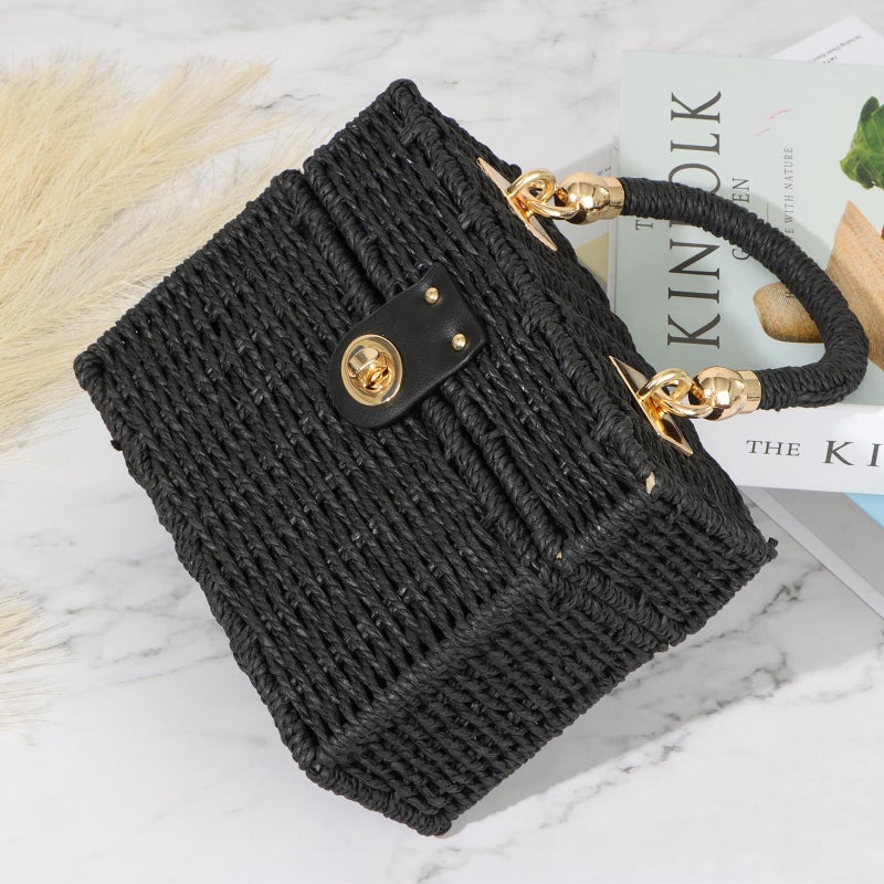 Fecialy Women Handwoven Rattan Handbag Beach Straw Tote Bag Square Boho Crossbody Bag,Black - Image 2