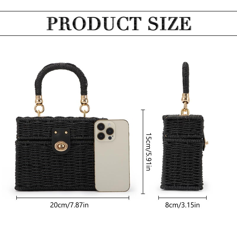 Fecialy Women Handwoven Rattan Handbag Beach Straw Tote Bag Square Boho Crossbody Bag,Black - Image 3