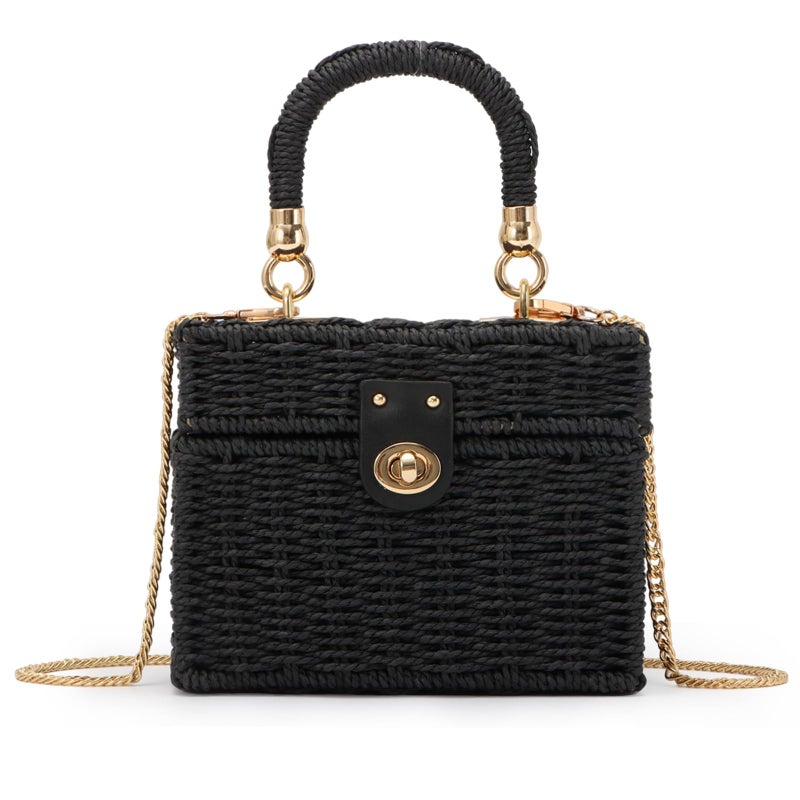 Fecialy Women Handwoven Rattan Handbag Beach Straw Tote Bag Square Boho Crossbody Bag,Black - Image 1