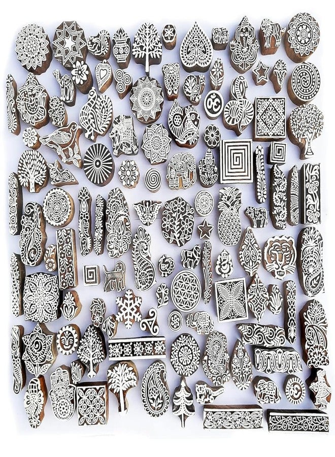 KHUSHA CREATIONS Set of 10 Hand Carved Wooden Printing Blocks Set - Traditional Indian Stamp for Fabric, Paper, Pottery, Clay, Textile, Scrapbooking & Craft Printing | Mandala, Paisley, Floral & Animal Designs - Image 1