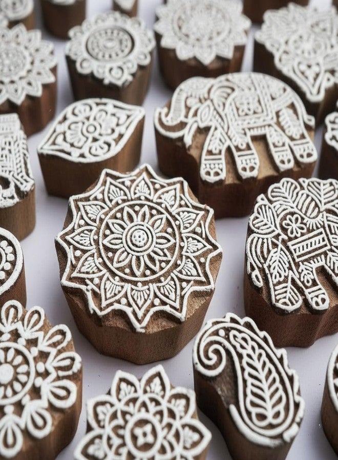 KHUSHA CREATIONS Set of 10 Hand Carved Wooden Printing Blocks Set - Traditional Indian Stamp for Fabric, Paper, Pottery, Clay, Textile, Scrapbooking & Craft Printing | Mandala, Paisley, Floral & Animal Designs - Image 2