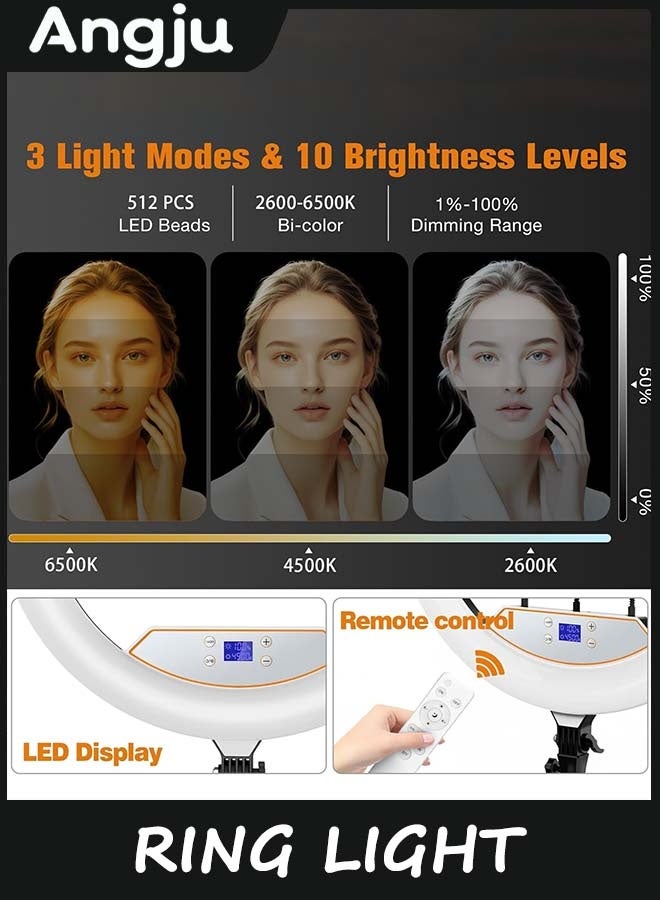 انججو 56cm / 22in خاتم ضوء مع 79in / 200cm ثلاثية الوقوف ، شاشة LED / 2 موانئ USB / 6500K ضوء خاتم قابل للتخفيف لحامل الهاتف iPad للشمش ماكياج حي تسجيل الفيديو التصوير الفوتوغرافي - Image 3