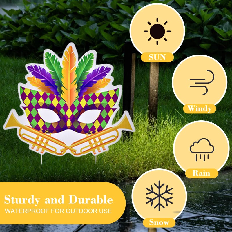 PhyLence 10 Pieces Mardi Gras Decorations Outdoor Yard Garden Porch Sign - Large Festive Mask, Jester, Crown, Drum, and Hat Masquerade Design Signs with Stakes for Outside Carnival Patio Pathway Lawn Decor - Image 4