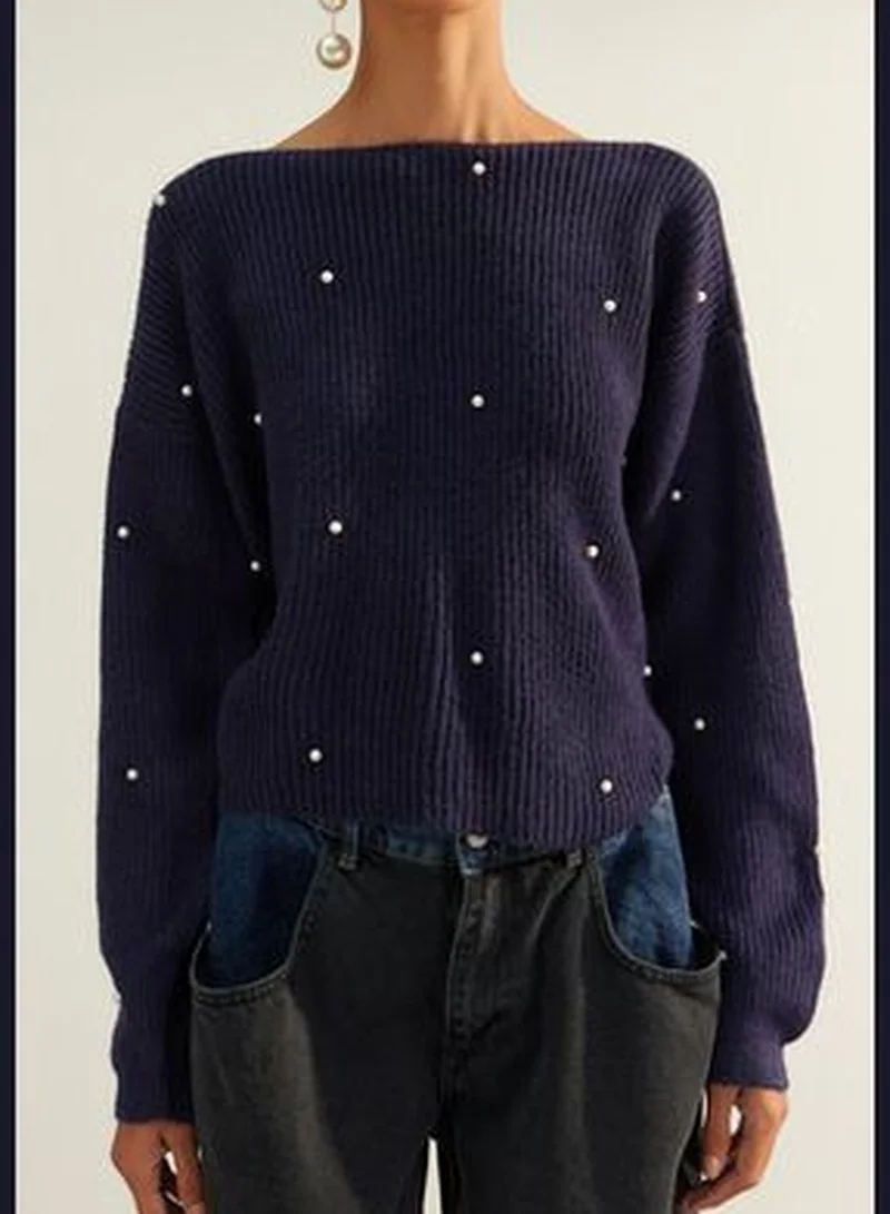 trendyol Limited Edition Navy Blue Soft Textured Pearls Reversible Wearable Knitwear Sweater TWOAW24KZ01241