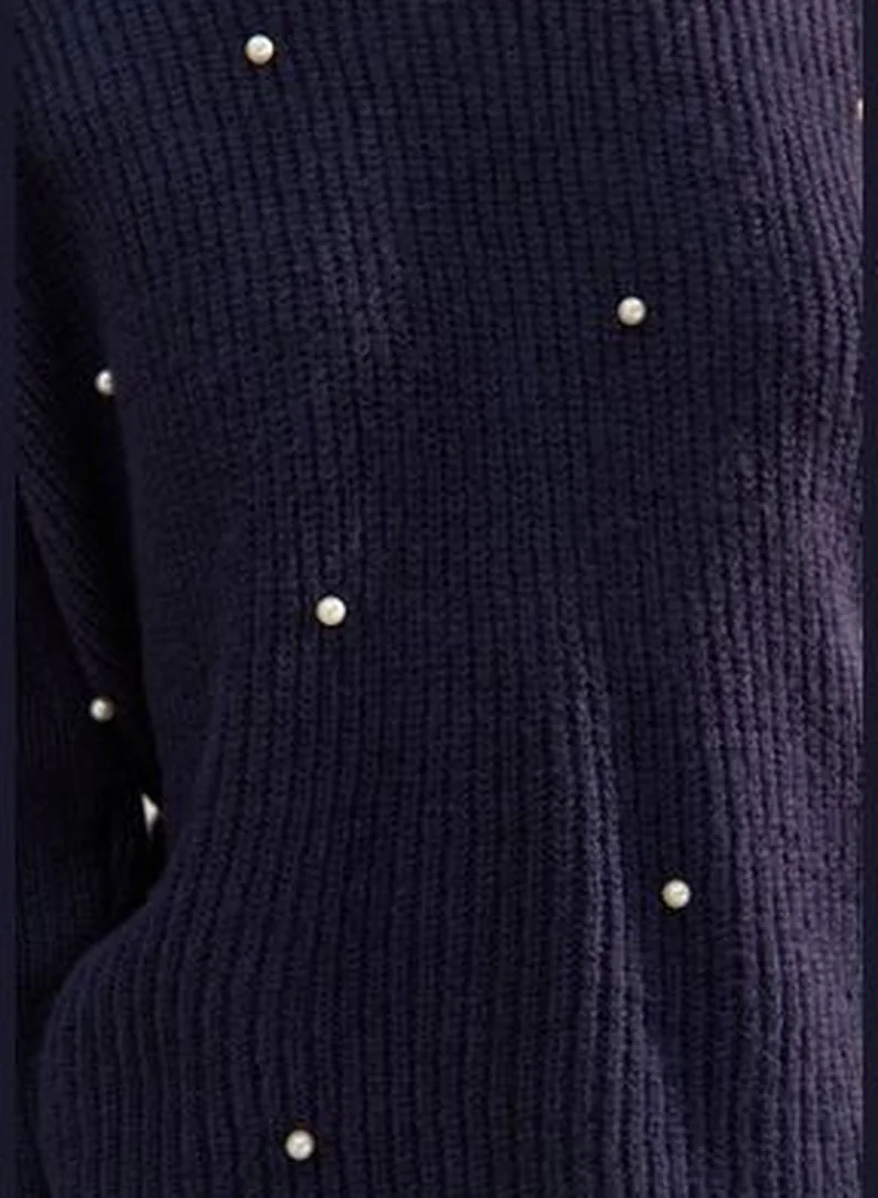 trendyol Limited Edition Navy Blue Soft Textured Pearls Reversible Wearable Knitwear Sweater TWOAW24KZ01241