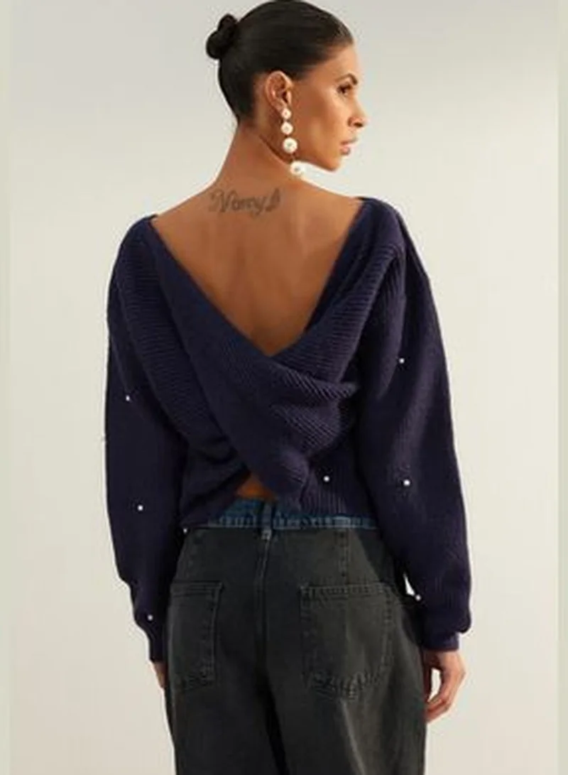 trendyol Limited Edition Navy Blue Soft Textured Pearls Reversible Wearable Knitwear Sweater TWOAW24KZ01241
