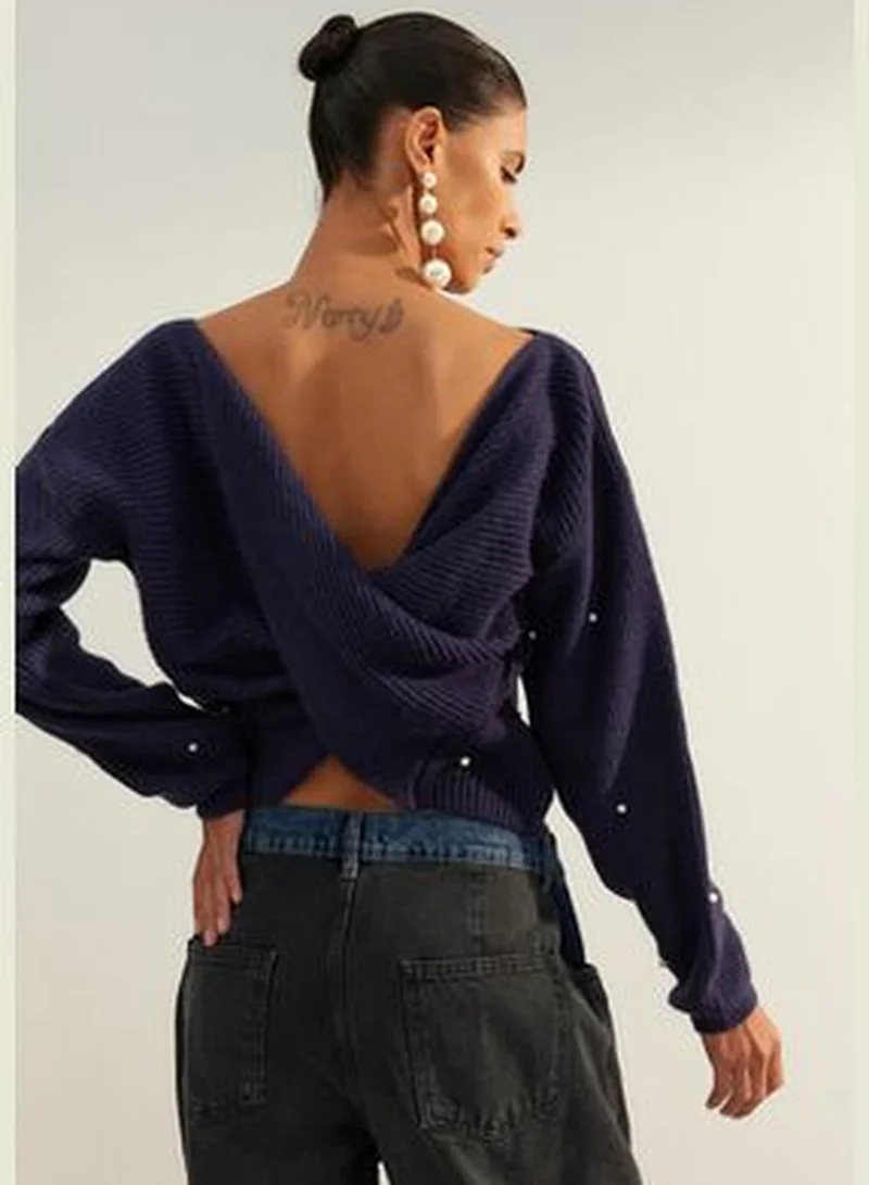 trendyol Limited Edition Navy Blue Soft Textured Pearls Reversible Wearable Knitwear Sweater TWOAW24KZ01241