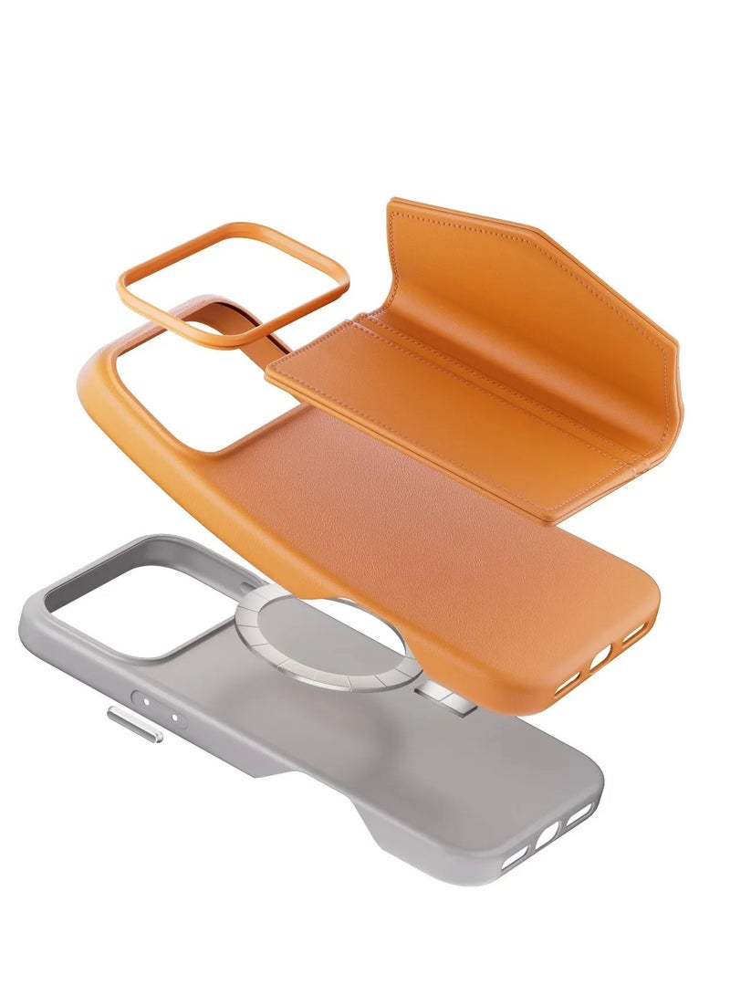 LEVELO iPhone 17 Pro Case MagSafe With Detachable Wallet Vertex PU Leather / Raised Bezels For Camera & Screen / Shock-Resistant-Bumper / Full-Wrap Leather Build Back Cover - Orange - Image 4