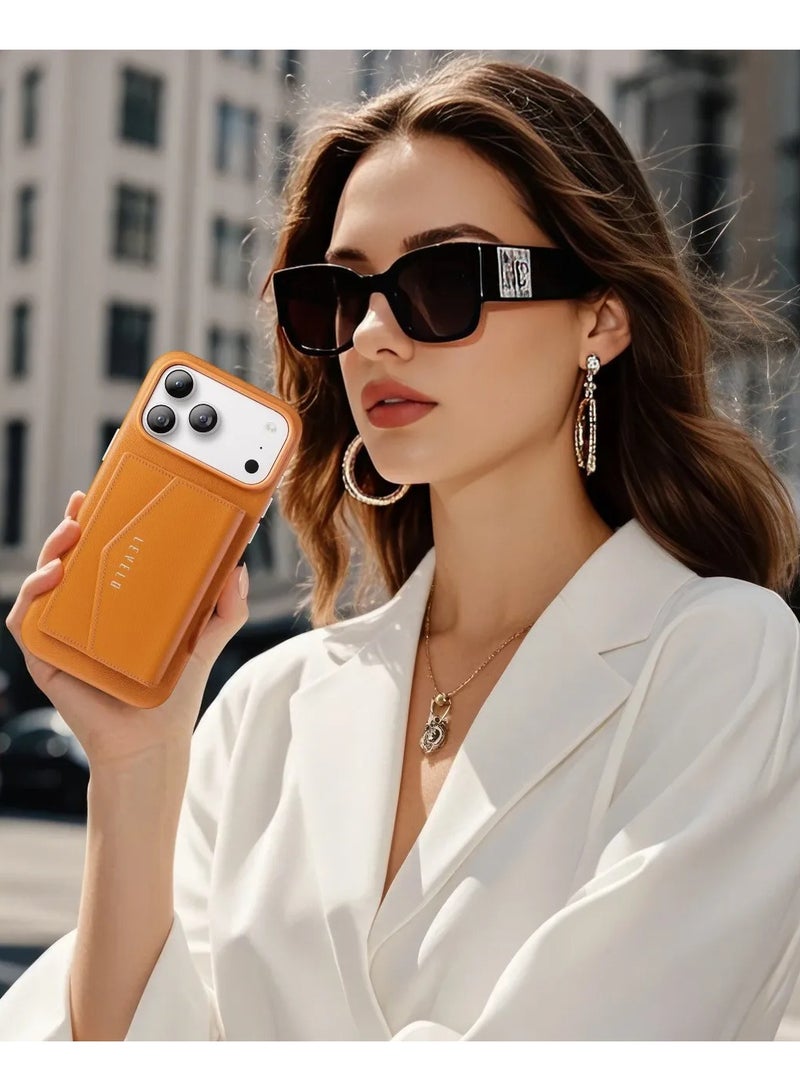 LEVELO iPhone 17 Pro Case MagSafe With Detachable Wallet Vertex PU Leather / Raised Bezels For Camera & Screen / Shock-Resistant-Bumper / Full-Wrap Leather Build Back Cover - Orange - Image 5