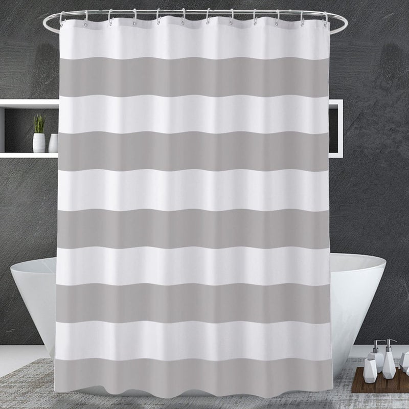 AmazerBath Grey and White  72 W x 72 H Grey Stripes Fabric shower curtain for Bathroom with 2 Heavy Duty Stones