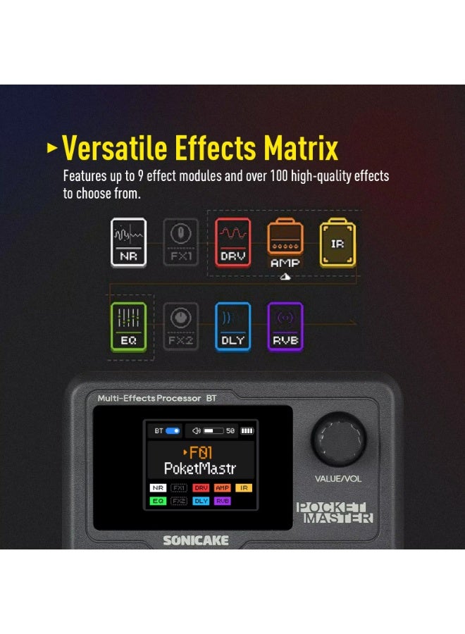 SONICAKE Pocket Master Mini Guitar Bass Amp 100+ Multi-Effects Pedal APP Control 1.77" LCD color screen Built-in battery QME-10 - Image 4