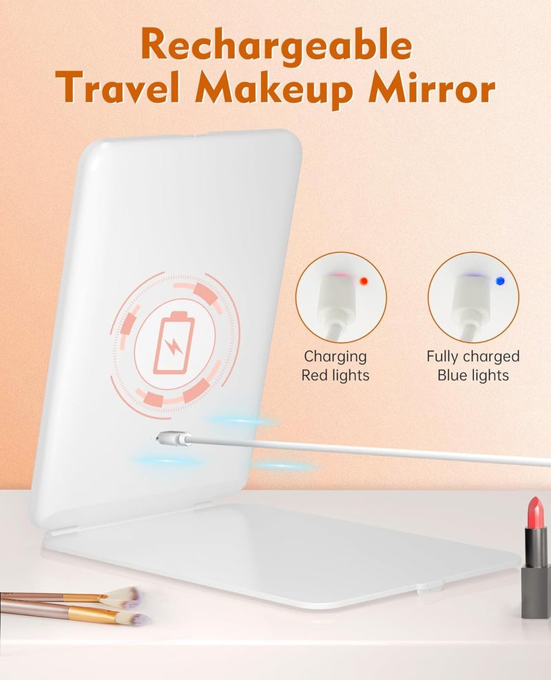 FUNTOUCH Rechargeable Travel Makeup Mirror with Lights, 10X Magnifying Mirror, Portable Lighted Vanity Mirror with 80 Led, 2000mAh Battery, 3 Color Lighting, Touch Dimming, Tabletop Light up Mirror - Image 4