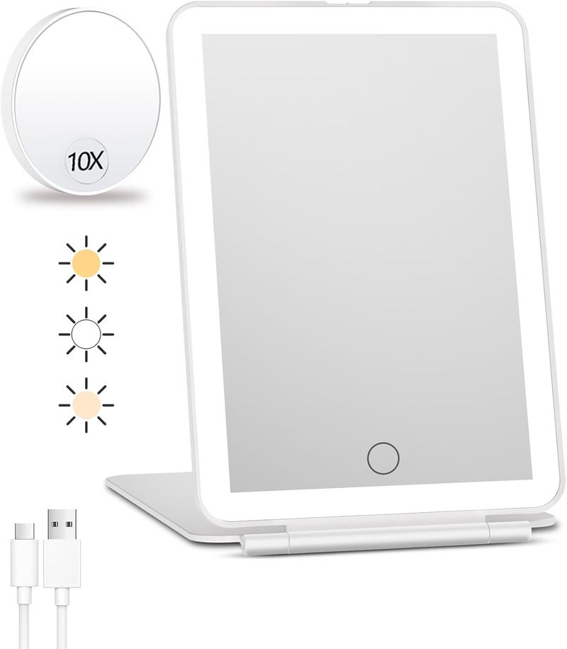 FUNTOUCH Rechargeable Travel Makeup Mirror with Lights, 10X Magnifying Mirror, Portable Lighted Vanity Mirror with 80 Led, 2000mAh Battery, 3 Color Lighting, Touch Dimming, Tabletop Light up Mirror - Image 1