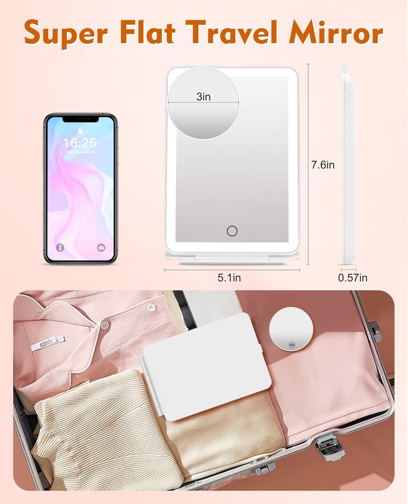 FUNTOUCH Rechargeable Travel Makeup Mirror with Lights, 10X Magnifying Mirror, Portable Lighted Vanity Mirror with 80 Led, 2000mAh Battery, 3 Color Lighting, Touch Dimming, Tabletop Light up Mirror - Image 3