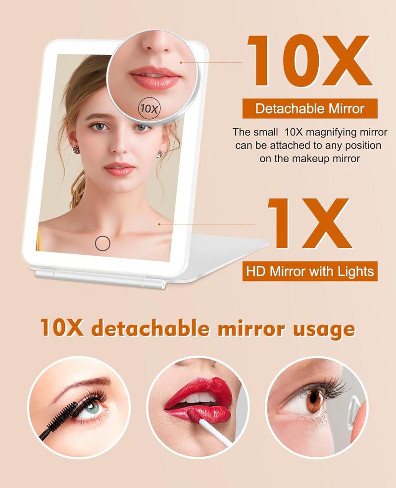 FUNTOUCH Rechargeable Travel Makeup Mirror with Lights, 10X Magnifying Mirror, Portable Lighted Vanity Mirror with 80 Led, 2000mAh Battery, 3 Color Lighting, Touch Dimming, Tabletop Light up Mirror - Image 2