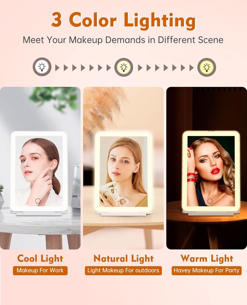 FUNTOUCH Rechargeable Travel Makeup Mirror with Lights, 10X Magnifying Mirror, Portable Lighted Vanity Mirror with 80 Led, 2000mAh Battery, 3 Color Lighting, Touch Dimming, Tabletop Light up Mirror - Image 5