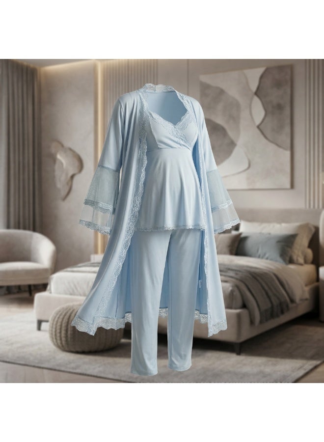 Lady Lingerie 3-Piece Maternity & Nursing Pajama Set | Cross-Over Nursing Top, Adjustable Waist Pants & Lace Robe | Soft Cotton Viscose Blend | Made in Turkey - Image 1