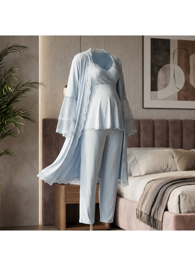 Lady Lingerie 3-Piece Maternity & Nursing Pajama Set | Cross-Over Nursing Top, Adjustable Waist Pants & Lace Robe | Soft Cotton Viscose Blend | Made in Turkey - Image 2