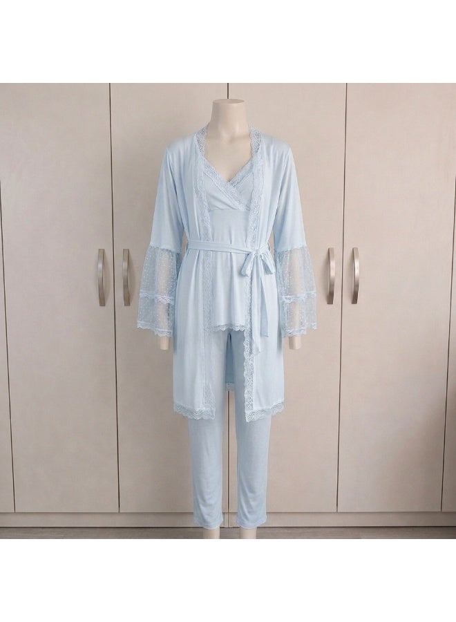 Lady Lingerie طقم بيجامة حوامل ومرضعات مكون من 3 قطع | بلوزة مع بنطال بخصر قابل للتعديل وروب دانتيل | مزيج القطن والفيسكوز | صنع في تركيا - Image 1