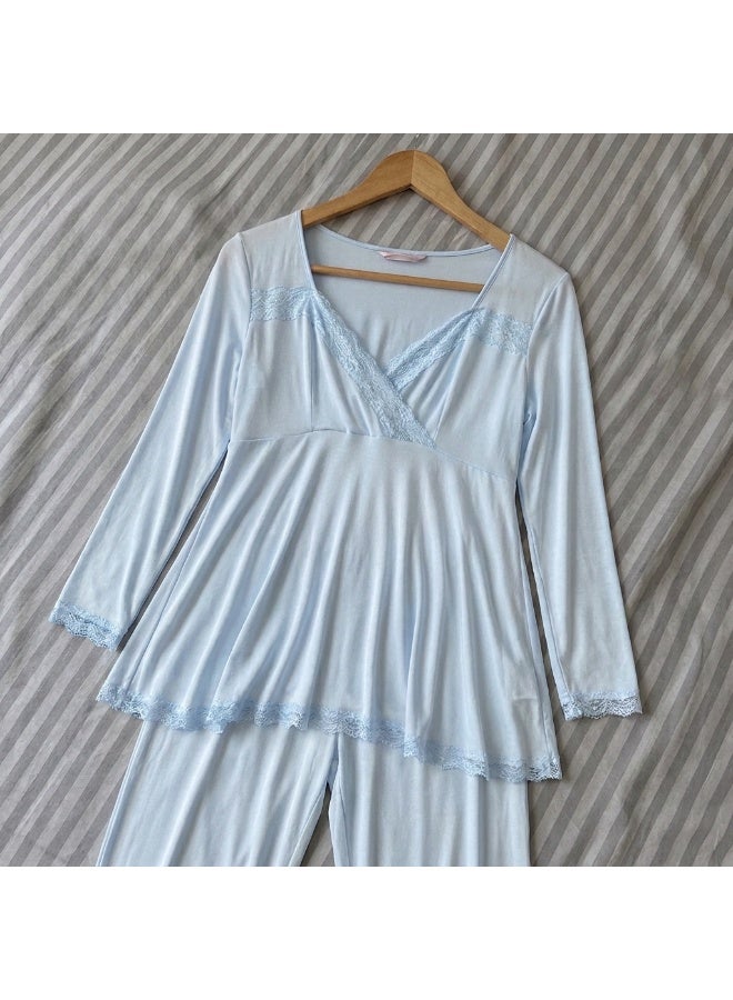 Lady Lingerie طقم بيجامة حوامل ومرضعات مكون من 3 قطع | بلوزة مع بنطال بخصر قابل للتعديل وروب دانتيل | مزيج القطن والفيسكوز | صنع في تركيا - Image 2