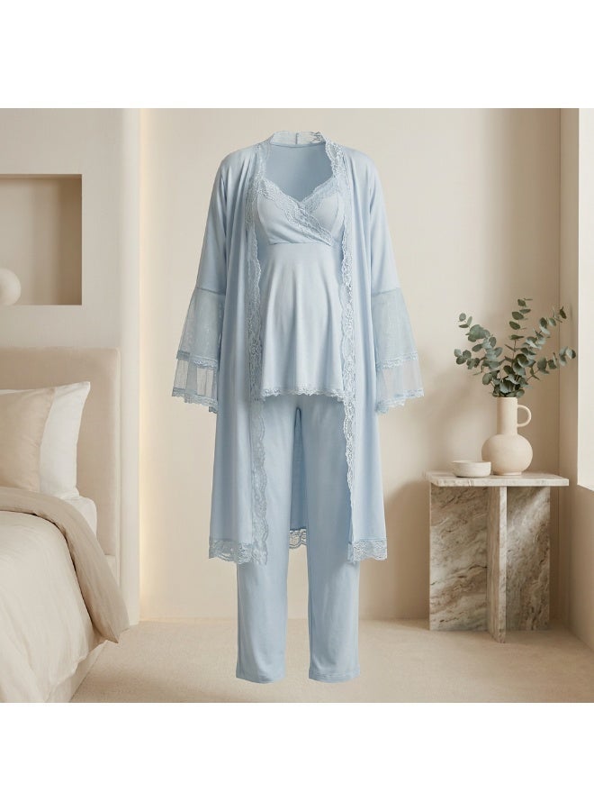 Lady Lingerie طقم بيجامة حوامل ومرضعات مكون من 3 قطع | بلوزة مع بنطال بخصر قابل للتعديل وروب دانتيل | مزيج القطن والفيسكوز | صنع في تركيا - Image 4