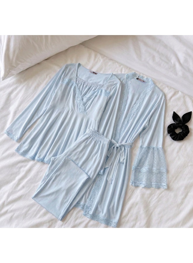 Lady Lingerie طقم بيجامة حوامل ومرضعات مكون من 3 قطع | بلوزة مع بنطال بخصر قابل للتعديل وروب دانتيل | مزيج القطن والفيسكوز | صنع في تركيا - Image 3