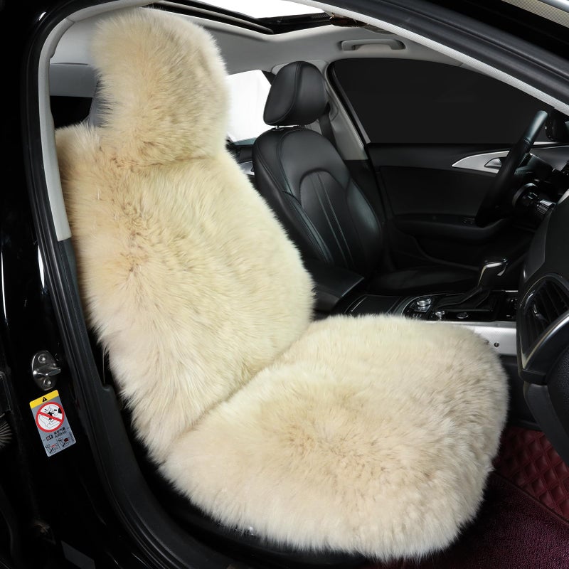 OGLAND Fluffy Sheepskin Car Seat Cover-Fuzzy Fur Auto Cushion for Universal Automotive Protector (Linen Color, 1 Pcs Front Seat Cover) - Image 1