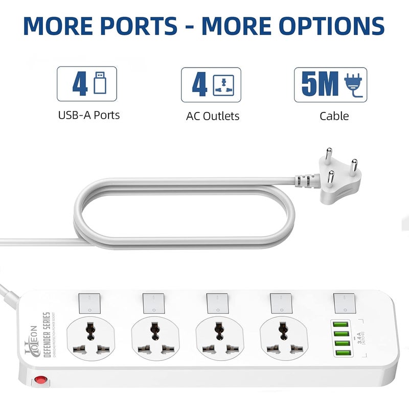 Hoteon Extension Board With Usb Slots2500W10A Power Strip4 Way Outlets 4 Fast Usb Ports34AUniversal Spike Guard Sockets With Individual SwitchSafety Shutter5Mtr Cable 3 Pin White250Volts - Image 2