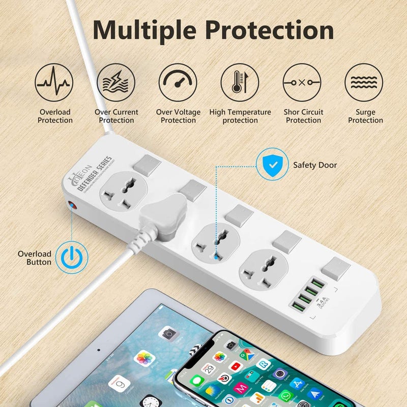 Hoteon Extension Board With Usb Slots2500W10A Power Strip4 Way Outlets 4 Fast Usb Ports34AUniversal Spike Guard Sockets With Individual SwitchSafety Shutter5Mtr Cable 3 Pin White250Volts - Image 3