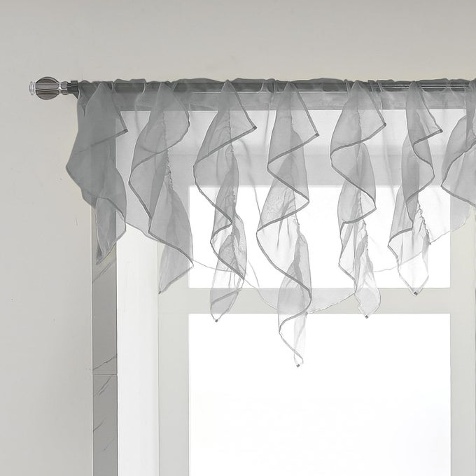 RUFFLED VOILE SEMI SHEER CURTAIN VALANCE KITCHEN LIVING ROOM SHABBY CHIC RUFFLE VALANCE CURTAINS GIRLS DAUGHTERS BEDROOM CASCADE WINDOW VALANCE 52X26 INCHES GREYTRIANGLE