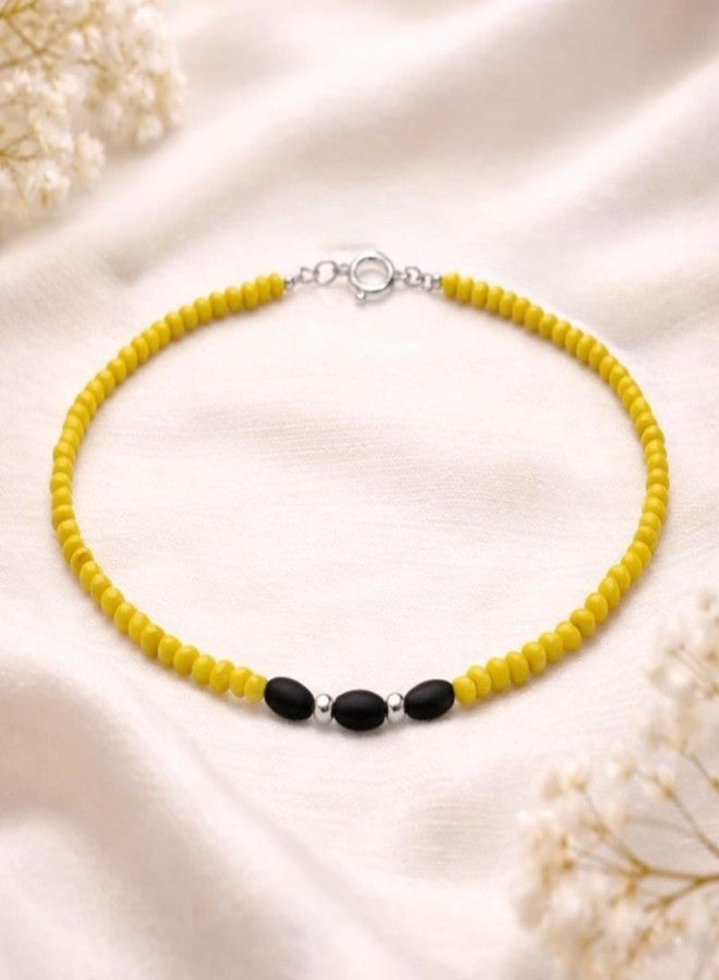 DARSHRAJ Sterling Silver Handmade Anklet | Adjustable Traditional Indian Payal for Women | Girls | Protection for Evil Eye | Chandi Najariya Payal | Yellow and Black Beads Silver Anklet - Image 4