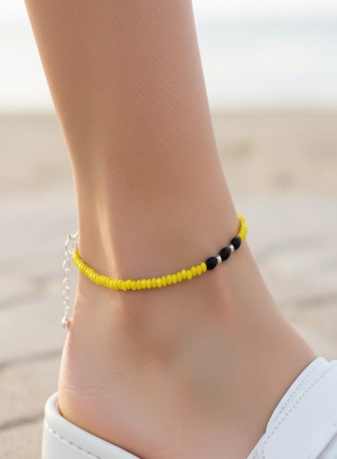 DARSHRAJ Sterling Silver Handmade Anklet | Adjustable Traditional Indian Payal for Women | Girls | Protection for Evil Eye | Chandi Najariya Payal | Yellow and Black Beads Silver Anklet - Image 3