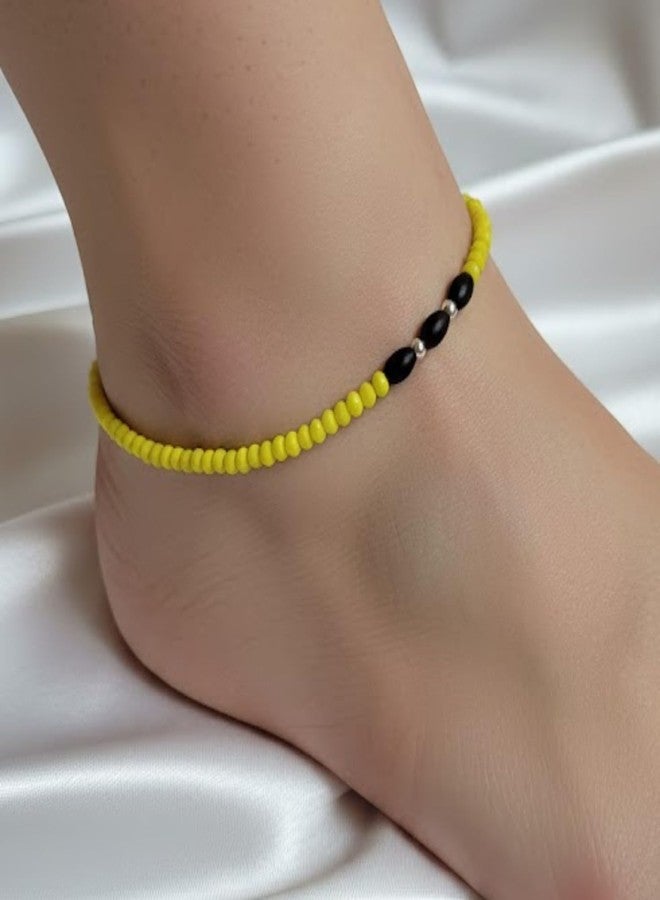 DARSHRAJ Sterling Silver Handmade Anklet | Adjustable Traditional Indian Payal for Women | Girls | Protection for Evil Eye | Chandi Najariya Payal | Yellow and Black Beads Silver Anklet - Image 2