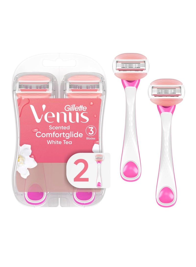 Gillette Venus ComfortGlide Disposable Razors for Women, 2 Count, White Tea Scented Moisture Bars for a Smooth Shave - Image 1