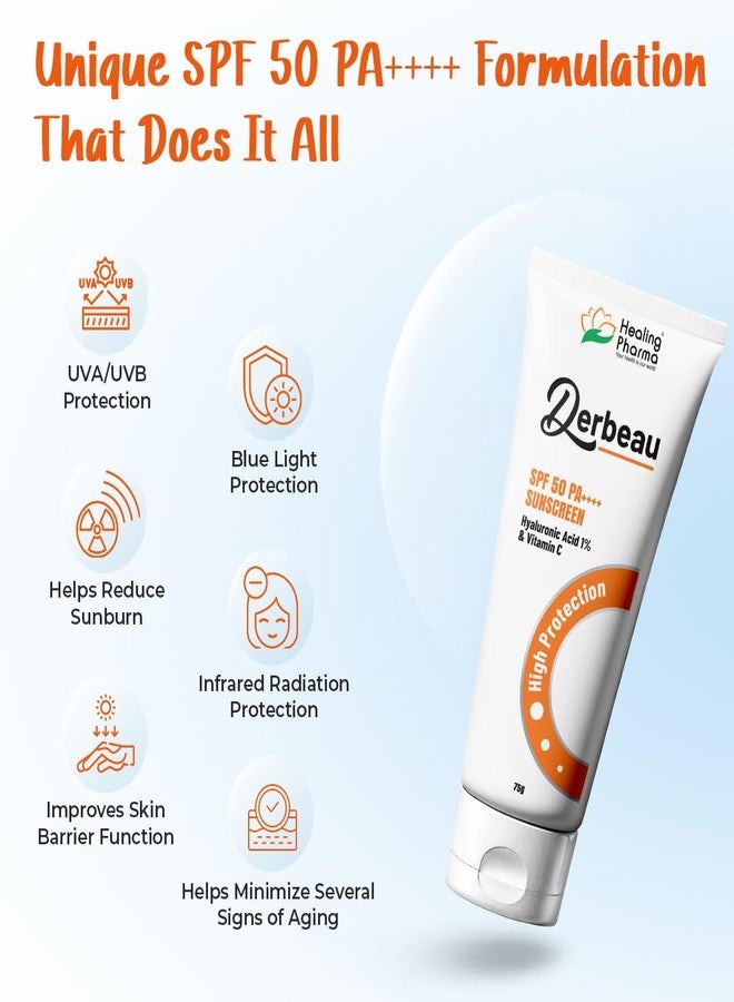Healing Pharma - Derbeau Sunscreen SPF 50 PA++++ with 1% Hyaluronic Acid & Vitamin C | Broad Spectrum UVA/UVB & Blue Light Protection | No White Cast, Non-Sticky for All Skin Types - 75g - Image 3