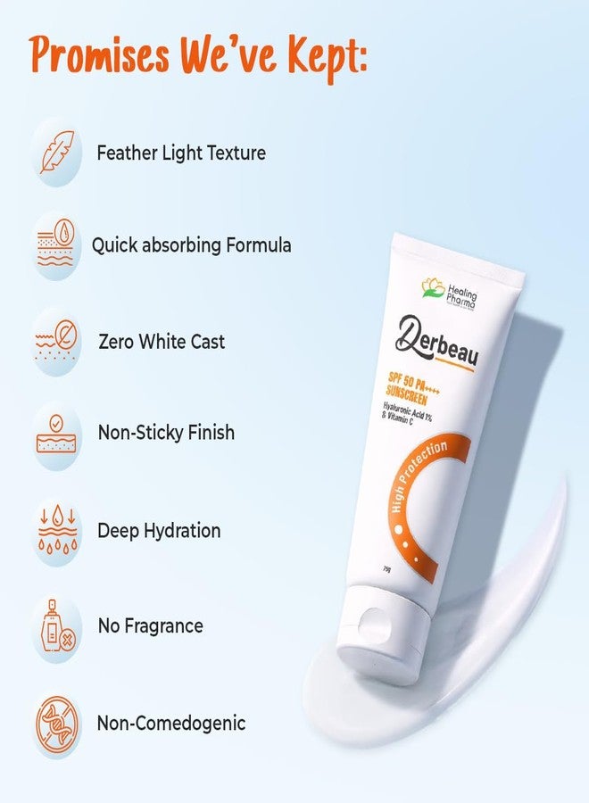 Healing Pharma - Derbeau Sunscreen SPF 50 PA++++ with 1% Hyaluronic Acid & Vitamin C | Broad Spectrum UVA/UVB & Blue Light Protection | No White Cast, Non-Sticky for All Skin Types - 75g - Image 5