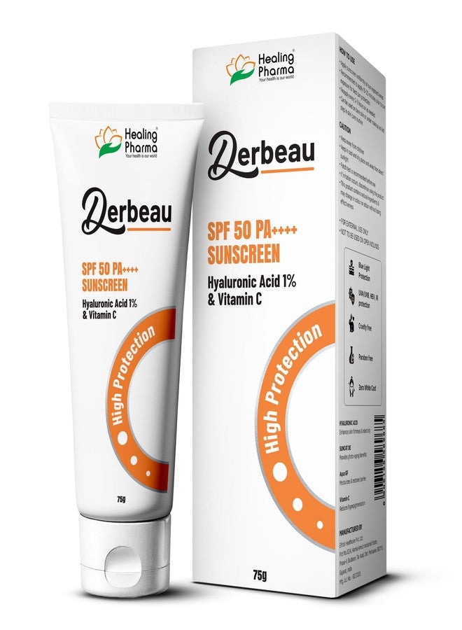 Healing Pharma - Derbeau Sunscreen SPF 50 PA++++ with 1% Hyaluronic Acid & Vitamin C | Broad Spectrum UVA/UVB & Blue Light Protection | No White Cast, Non-Sticky for All Skin Types - 75g - Image 1