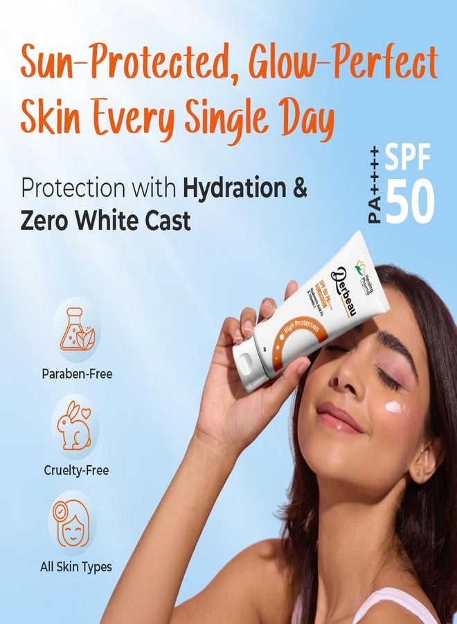 Healing Pharma - Derbeau Sunscreen SPF 50 PA++++ with 1% Hyaluronic Acid & Vitamin C | Broad Spectrum UVA/UVB & Blue Light Protection | No White Cast, Non-Sticky for All Skin Types - 75g - Image 2
