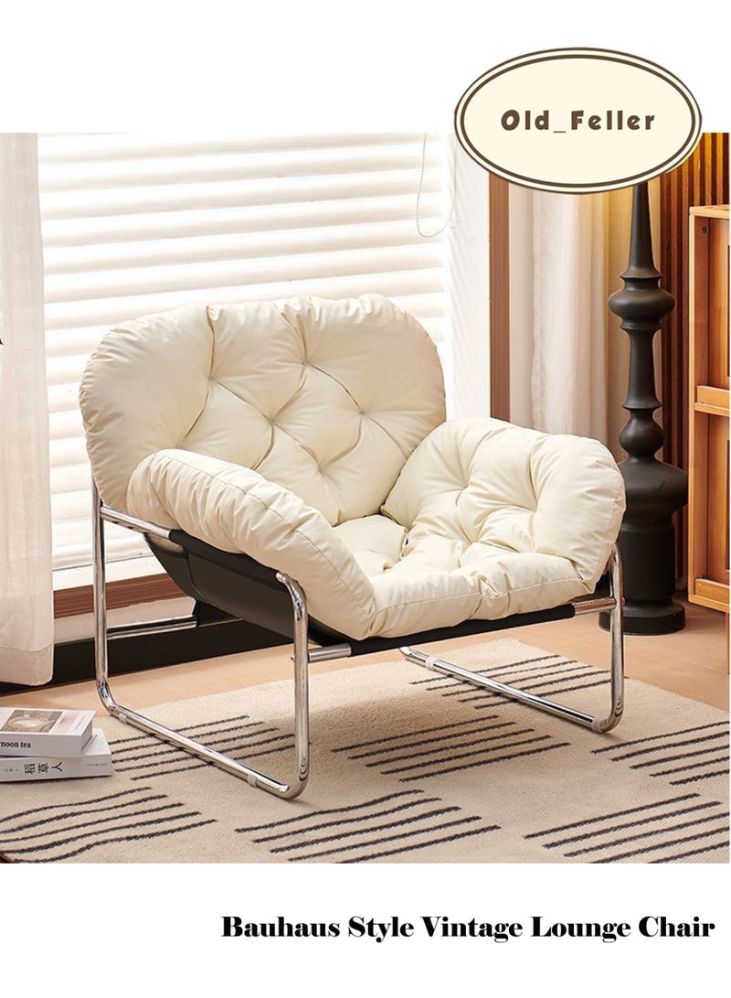 Old_Feller Bauhaus-Style Vintage Lounge Chair Premium Stain-Resistant PU Leather, Reinforced Chrome-Plated Base & Soft Cushioning, Ideal for Living Room/Balcony/Study/Bedroom(White)  - Image 3