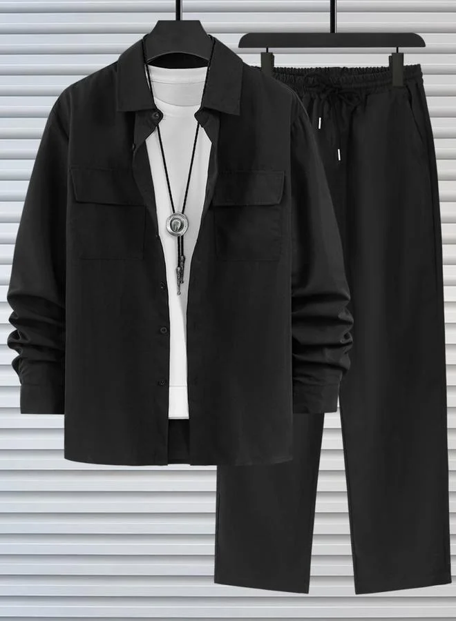 Take Two Men Black Casual Shirt and Drawstring Pants Co-ords