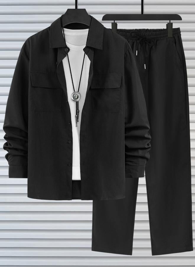 تايك تو طقم رجالي أسود من - قميص كاجوال وبنطال برباط - Image 1