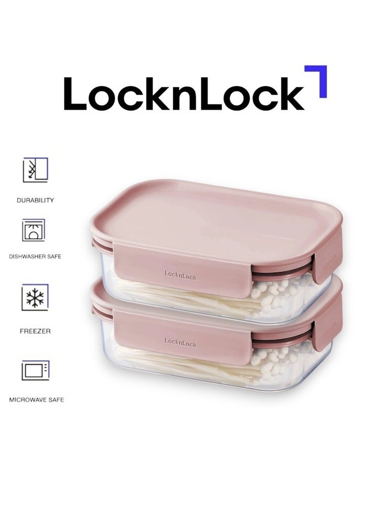 LocknLock Classic Plus Rectangle Food Container 910ml (PACK of 2) – Pink, Airtight & Microwave Safe - Image 1