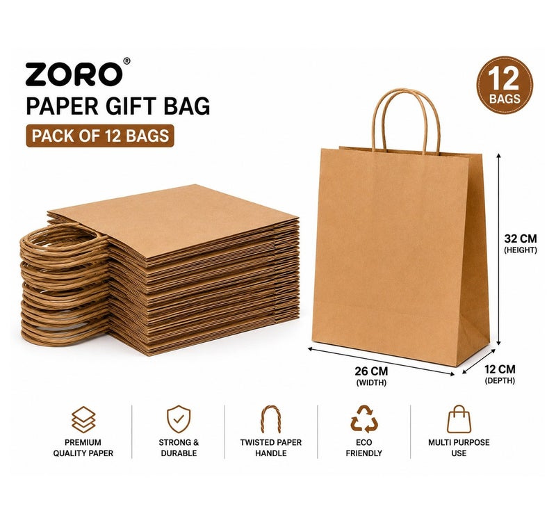 ZORO Brown Kraft Paper Gift Bags With Twisted Handles 32 x 26 x 12cm Pack of 12 Premium Shopping And Gift Bags - Image 1
