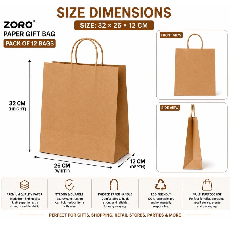 ZORO Brown Kraft Paper Gift Bags With Twisted Handles 32 x 26 x 12cm Pack of 12 Premium Shopping And Gift Bags - Image 2