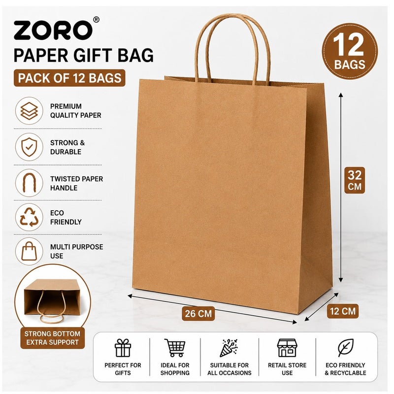 ZORO Brown Kraft Paper Gift Bags With Twisted Handles 32 x 26 x 12cm Pack of 12 Premium Shopping And Gift Bags - Image 3