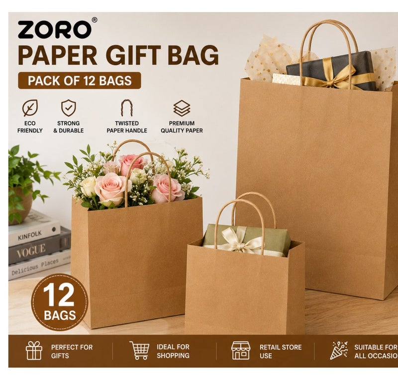 ZORO Brown Kraft Paper Gift Bags With Twisted Handles 32 x 26 x 12cm Pack of 12 Premium Shopping And Gift Bags - Image 5