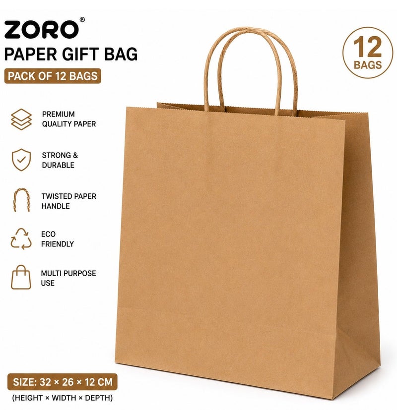 ZORO Brown Kraft Paper Gift Bags With Twisted Handles 32 x 26 x 12cm Pack of 12 Premium Shopping And Gift Bags - Image 4