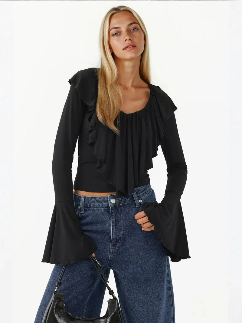 HICCUP Frilly V-Neck Elastic Knitted Blouse