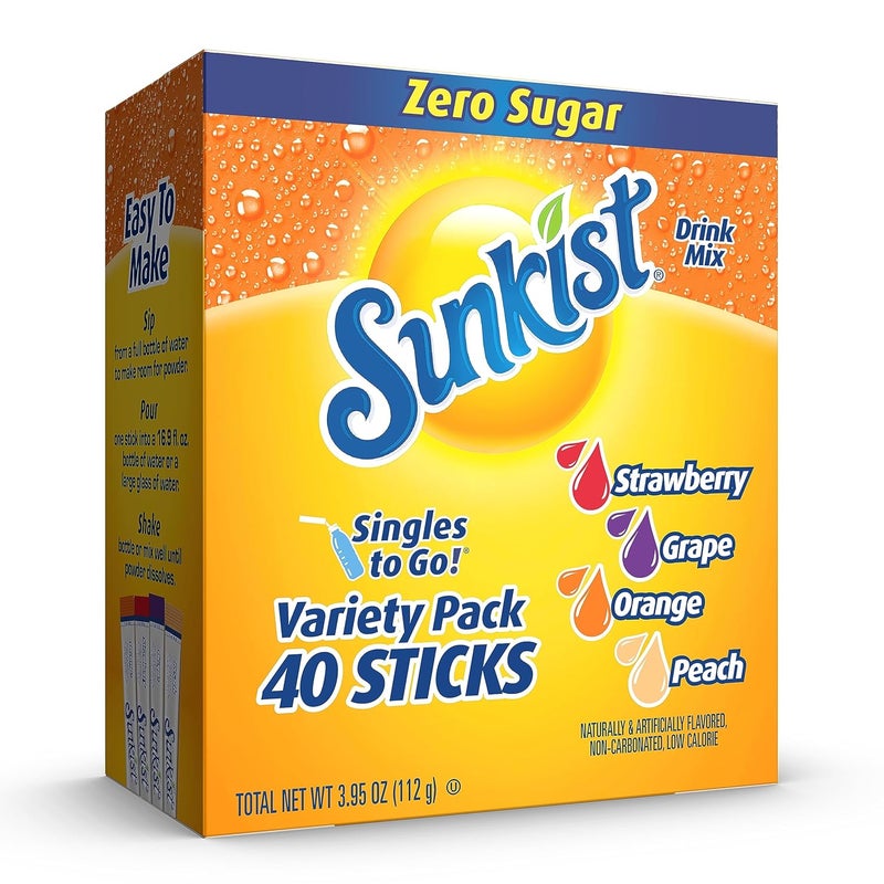 Sunkist Soda Variety Pack - Singles To Go Drink Mix with Orange, Strawberry, Grape, and Peach Flavors (40 Sticks) - Image 1